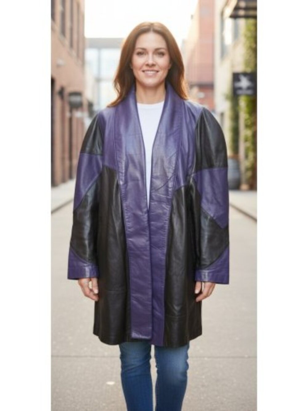 Vintage TOWER HILL Lined Purple and Black Cardigan Leather Swing Coat Ladies M